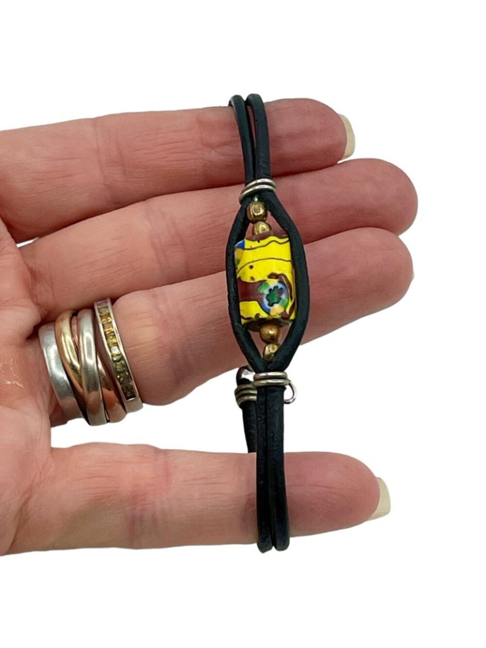 African Trading Bead Bracelet Vintage 1970s Leather Metal Hook Closure Old Bead - Picture 10 of 10
